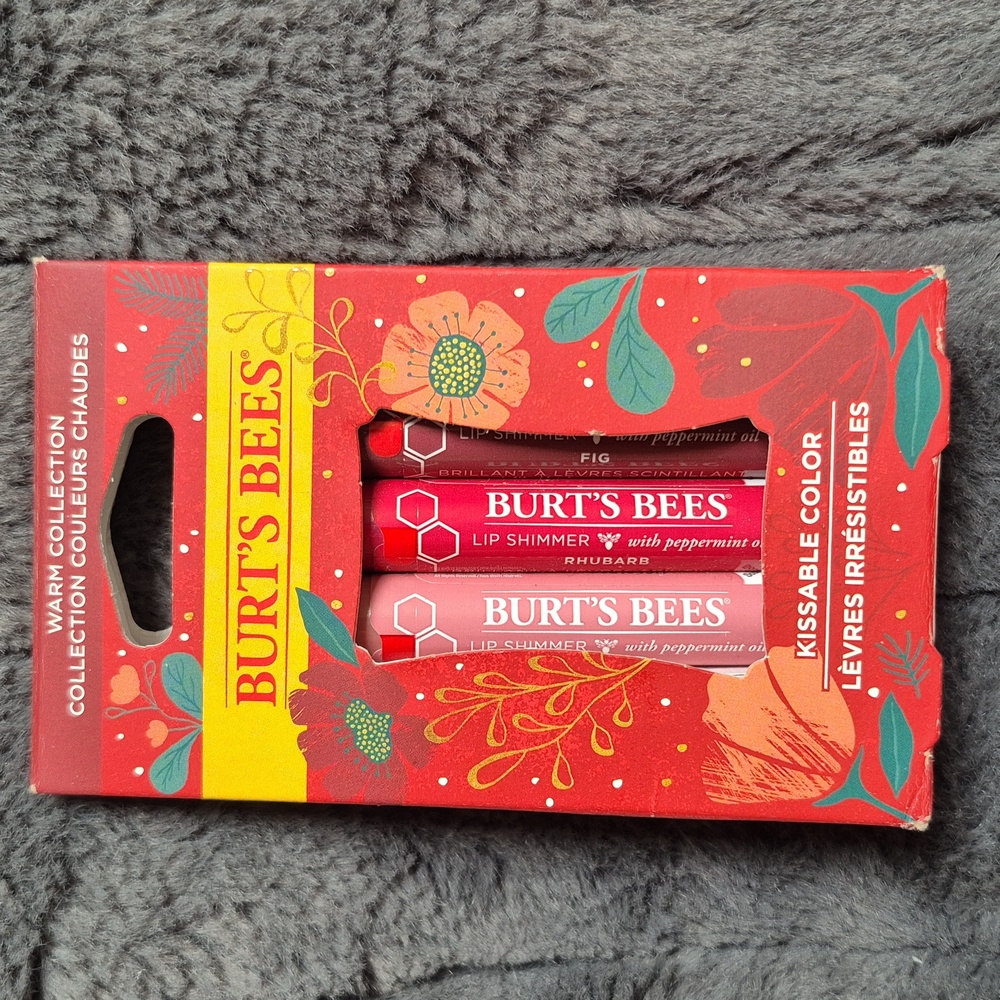 Burt's Bees Warm Collection Lip Shimmers Trio In Fig, Rhubarb, And Peony, NEW